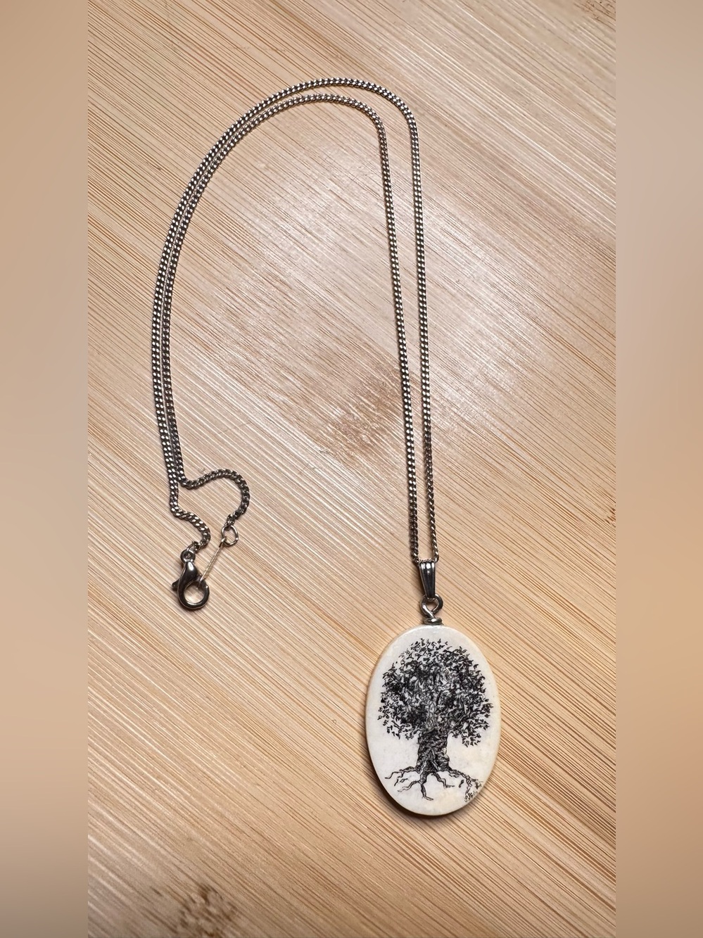 Tree of Life Oval Pendant Necklace - Faux Bone carved on silver tone chain